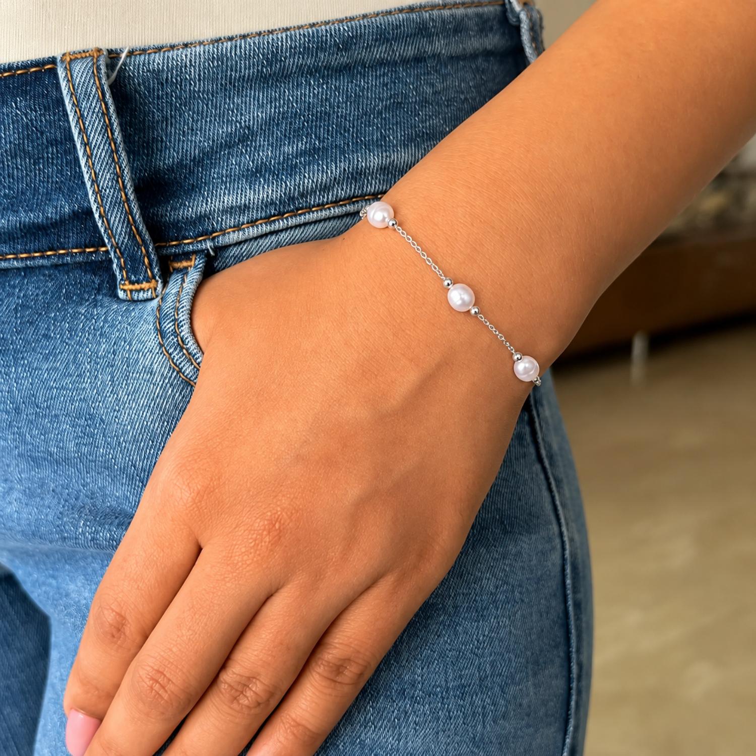 Freshwater Pearl Adjustable Chain Bracelet - 925 Sterling Silver