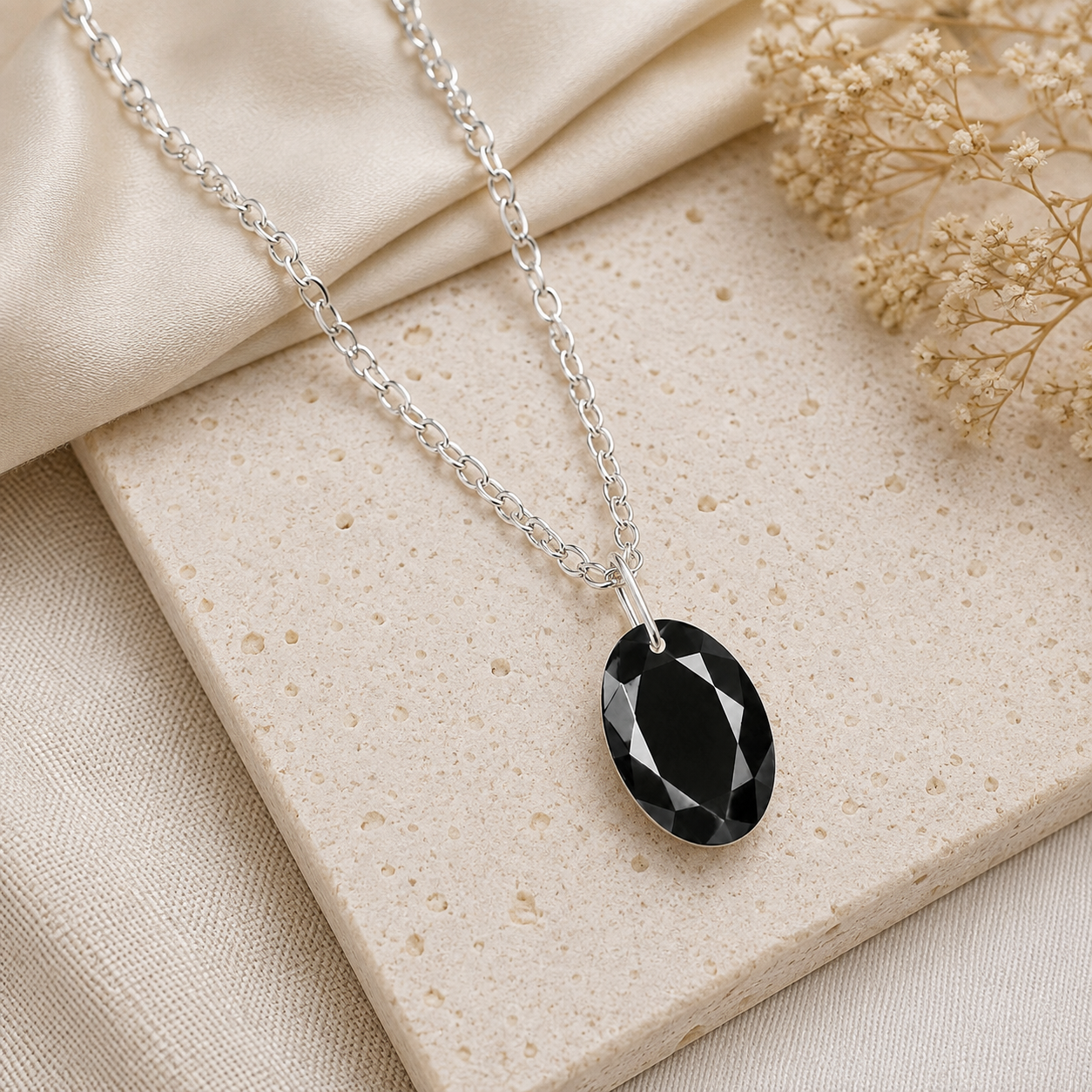 Oval Black Spinel Solitaire Necklace - 925 sterling Silver