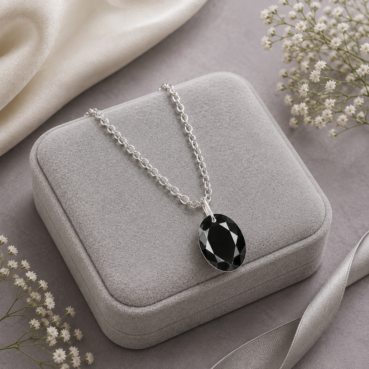 Oval Black Spinel Solitaire Necklace - 925 sterling Silver