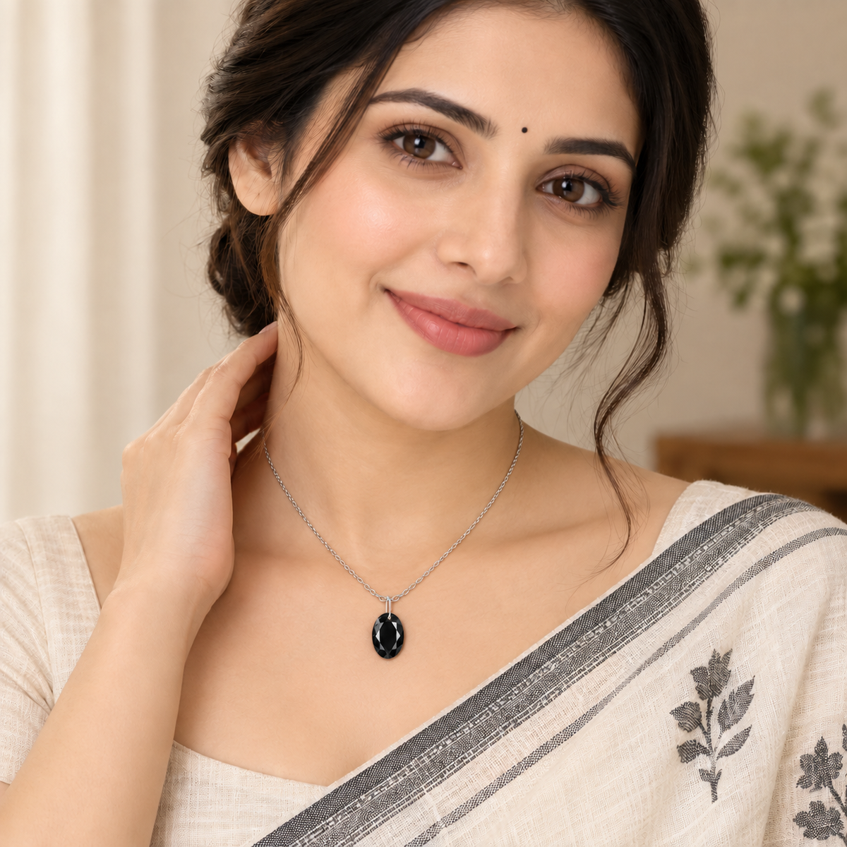 Oval Black Spinel Solitaire Necklace - 925 sterling Silver