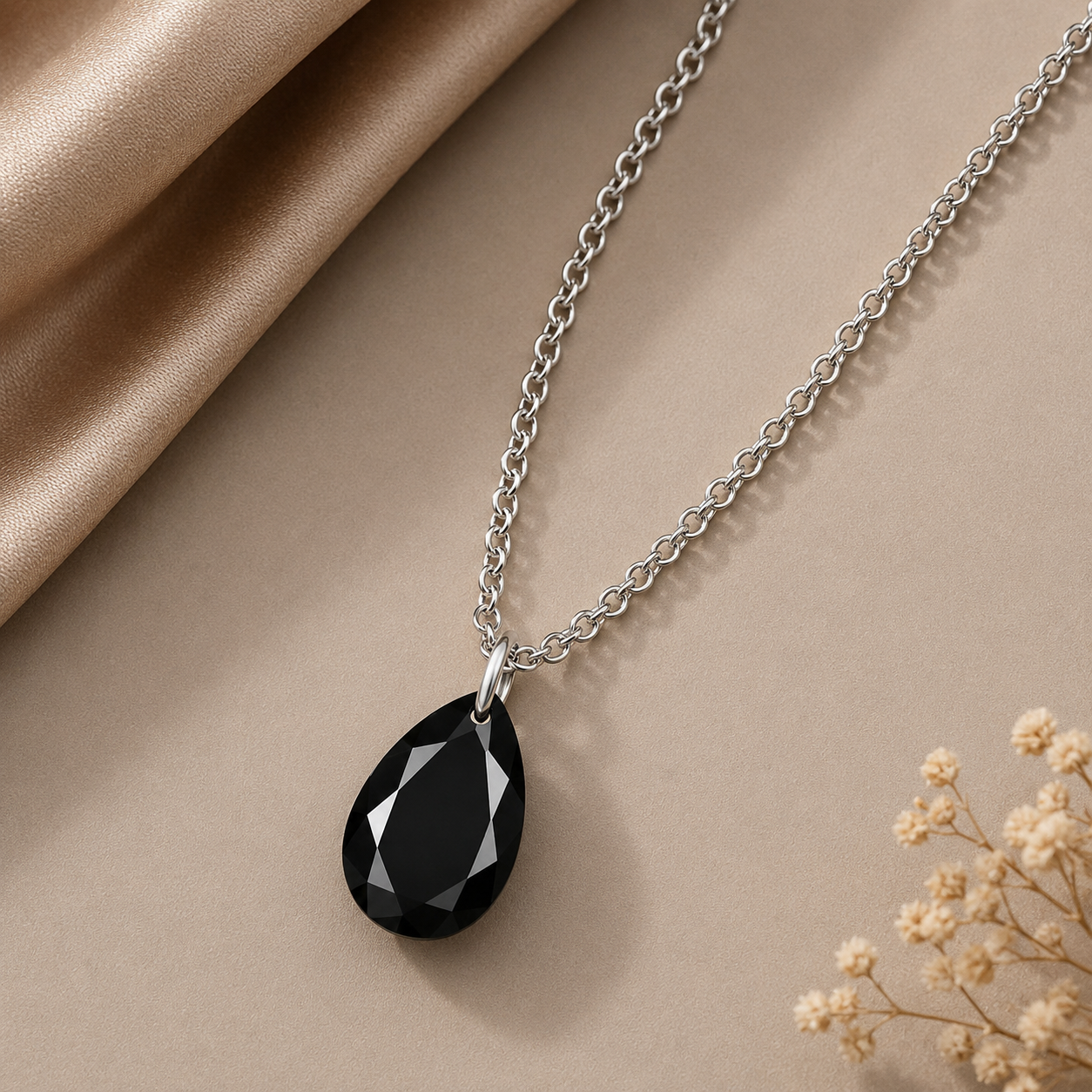 Oval Black Spinel Solitaire Necklace - 925 sterling Silver