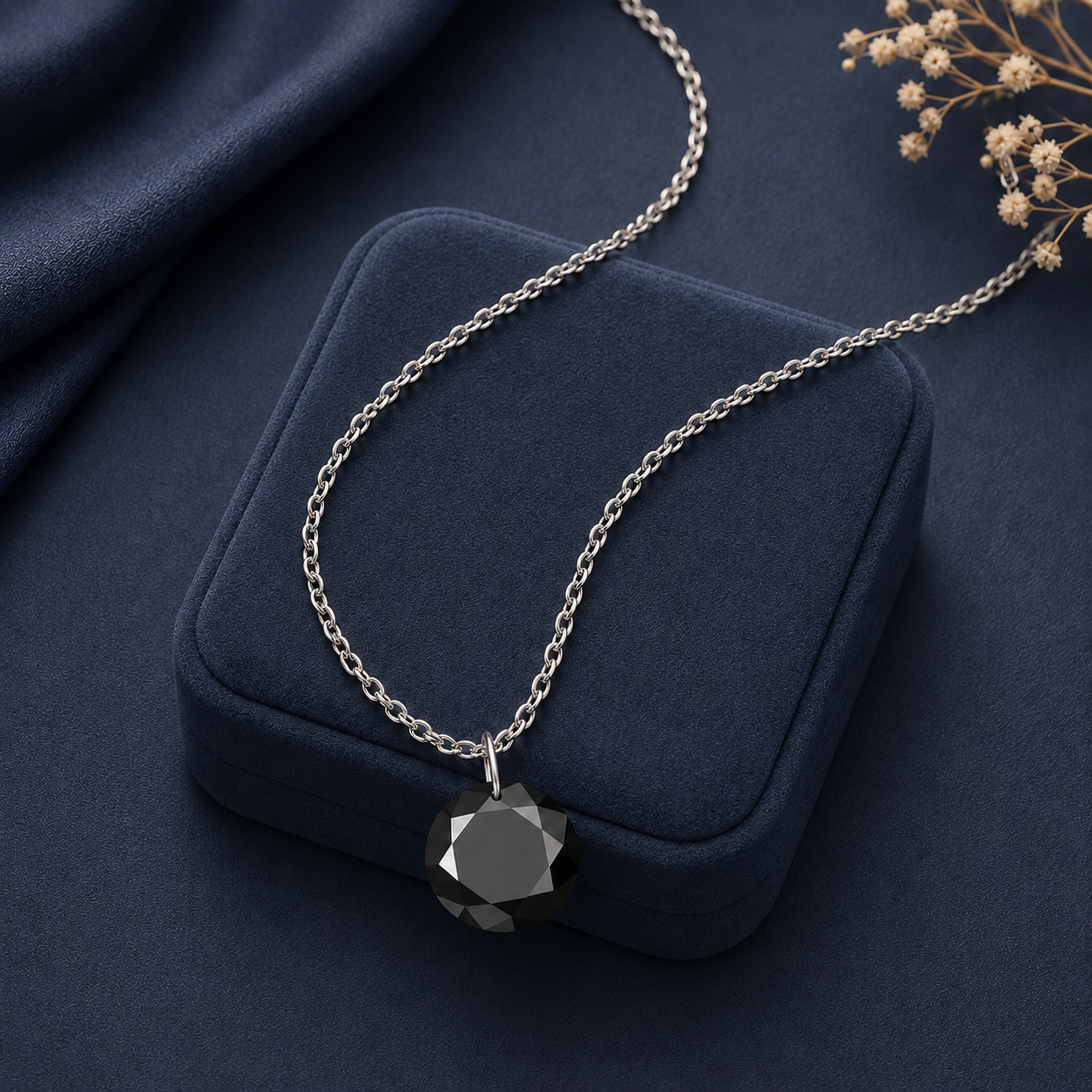 Round Black Spinel Solitaire Necklace - 925 sterling Silver