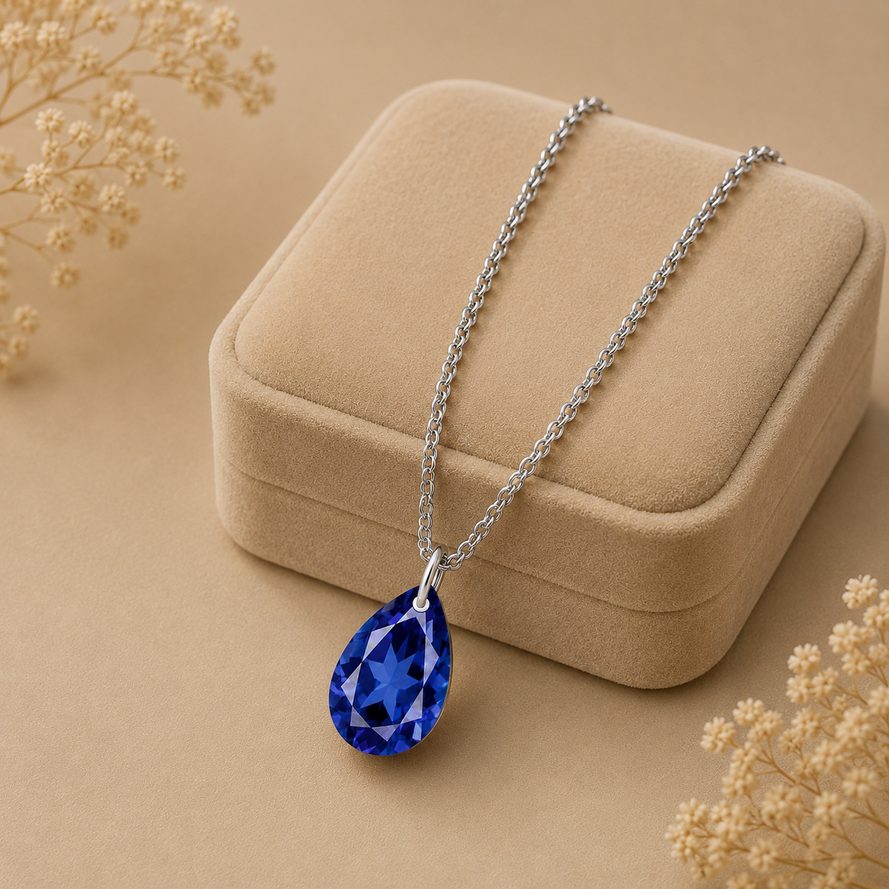 Pear  Blue Sapphire Solitaire Necklace - 925 sterling Silver