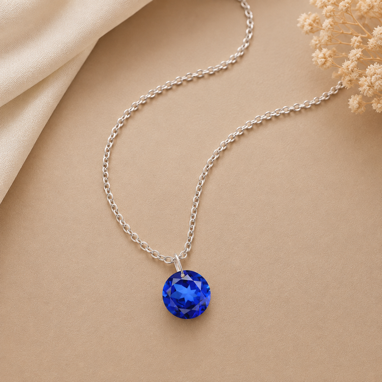 Round Blue Sapphire Solitaire Necklace - 925 sterling Silver