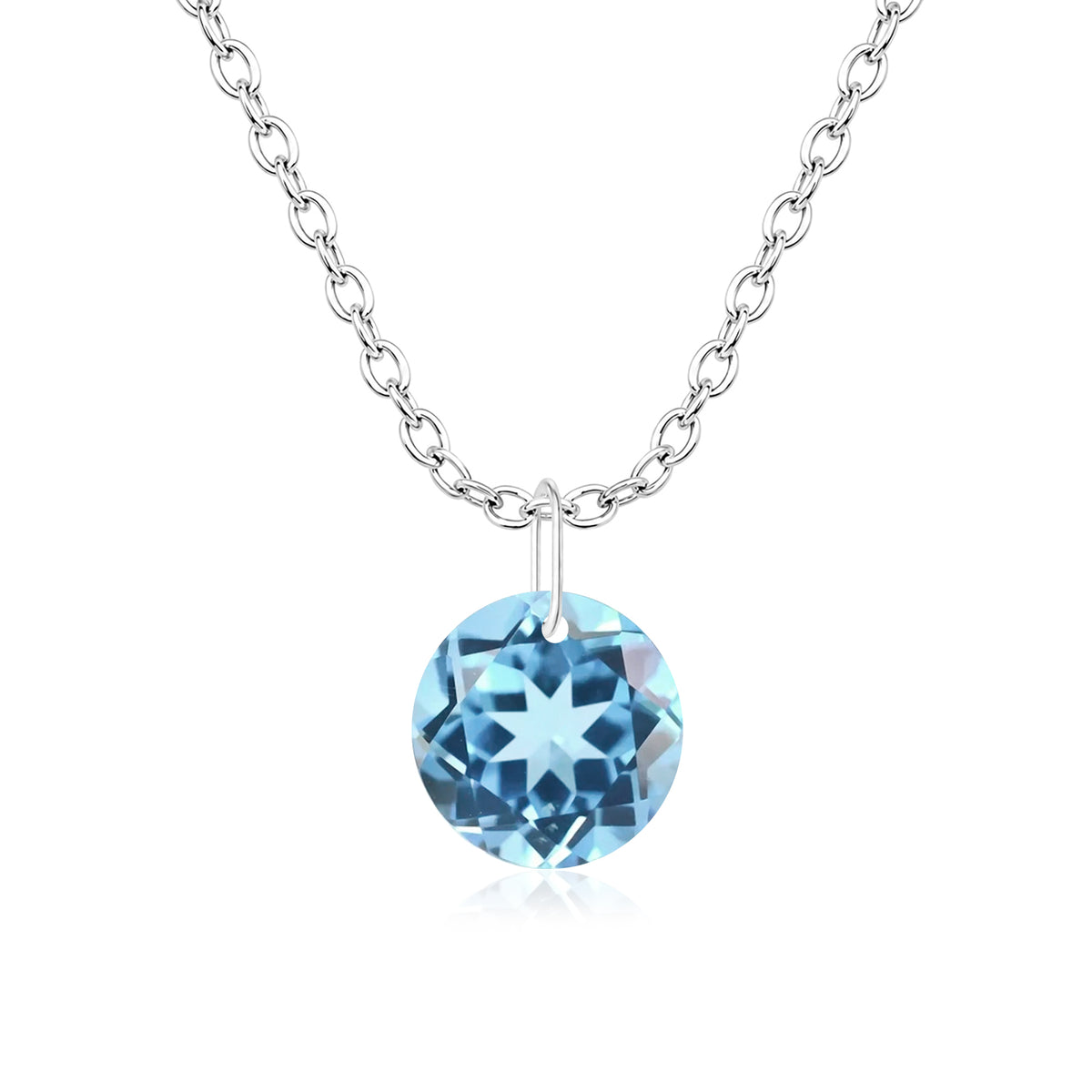 Round Blue Topaz Solitaire Necklace - 925 sterling Silver