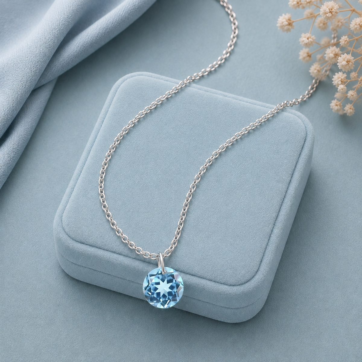 Round Blue Topaz Solitaire Necklace - 925 sterling Silver