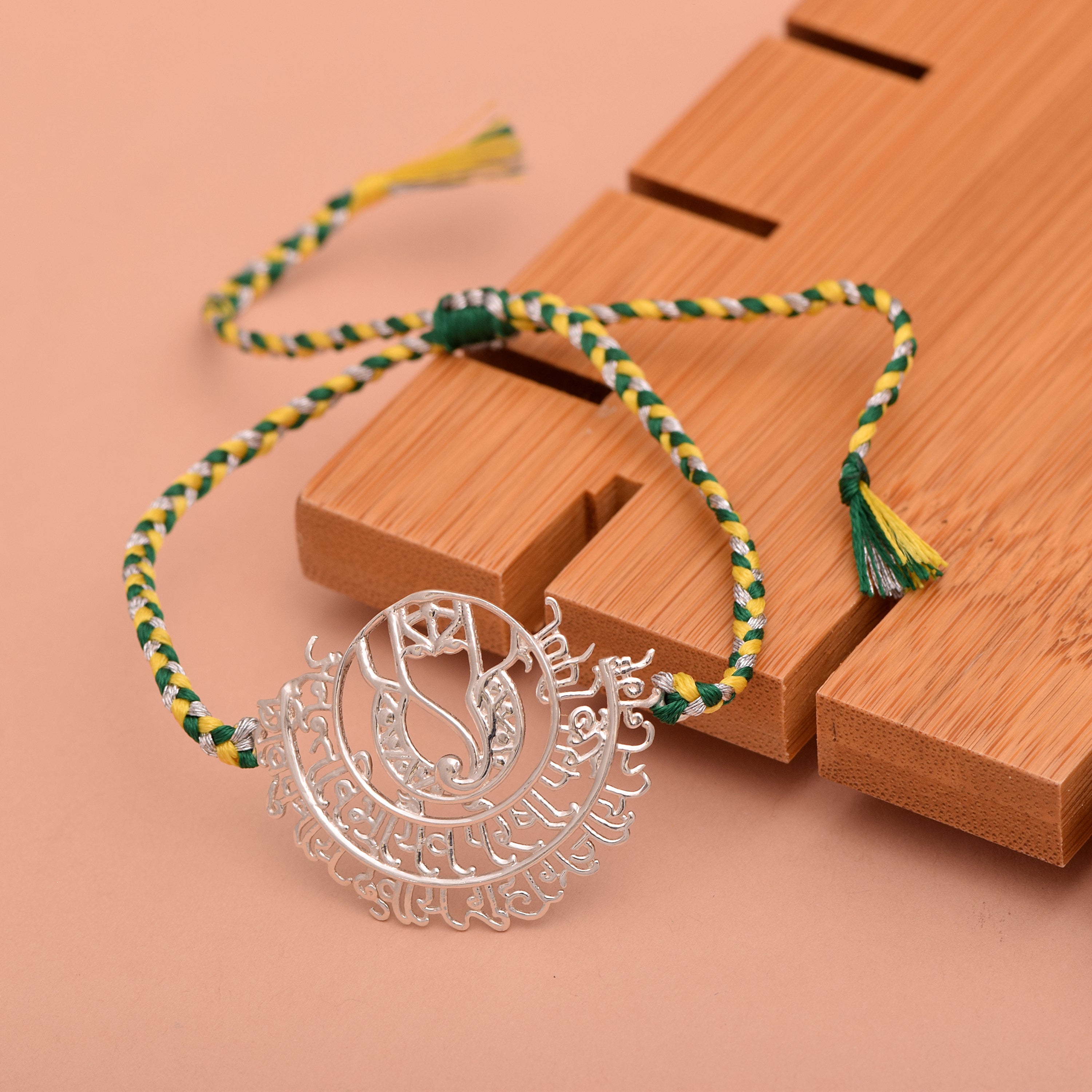 Green & Yellow Thread Rakhi Bracelet - Sterling Silver