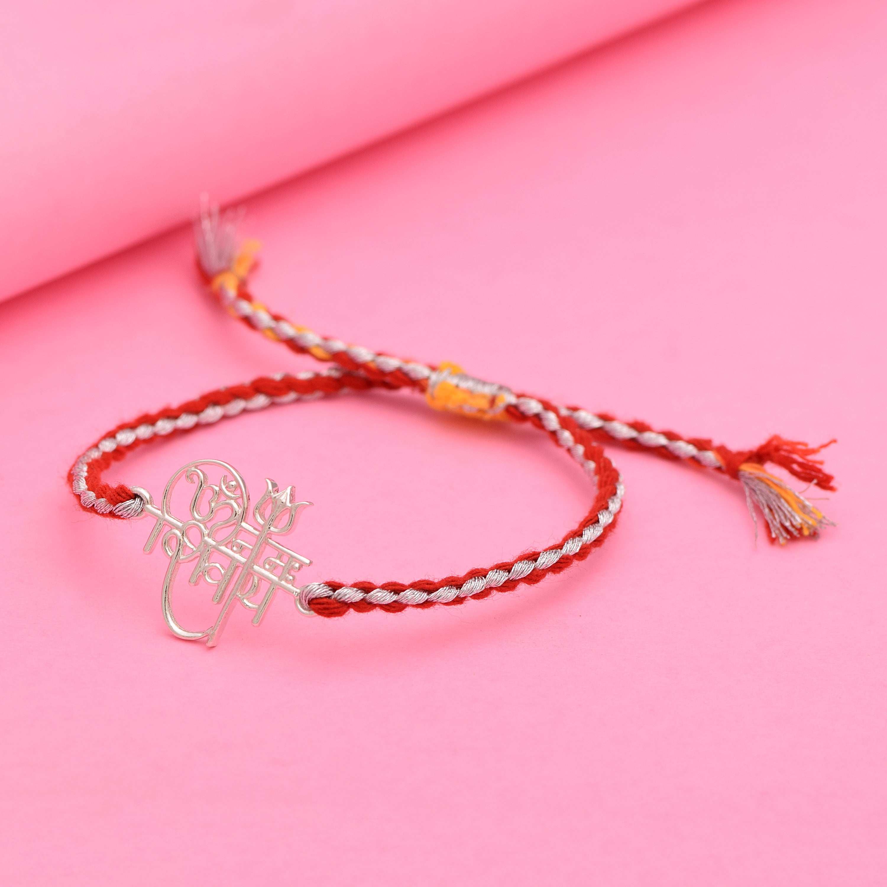 Red & White Thread Rakhi Bracelet - Sterling Silver