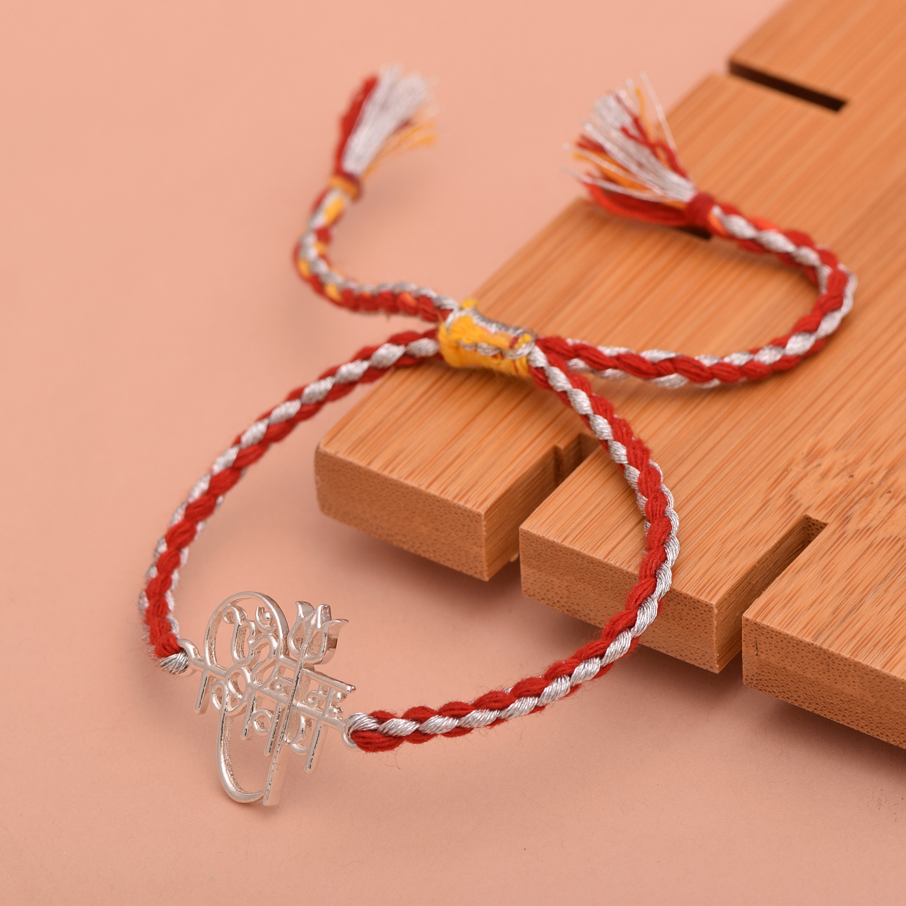 Red & White Thread Rakhi Bracelet - Sterling Silver