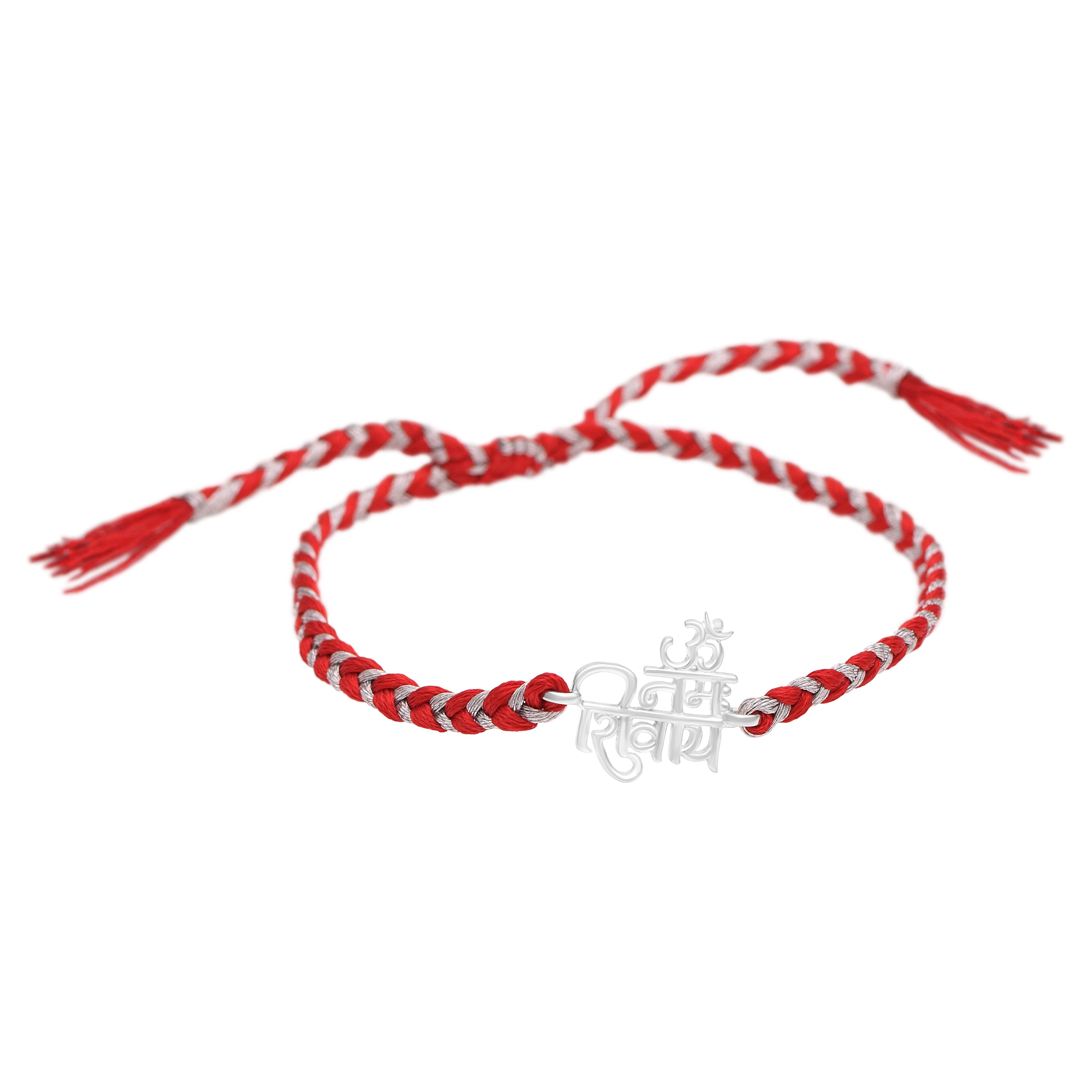 “Om Namah Shivaya” Red & White Thread Rakhi Bracelet - Sterling Silver