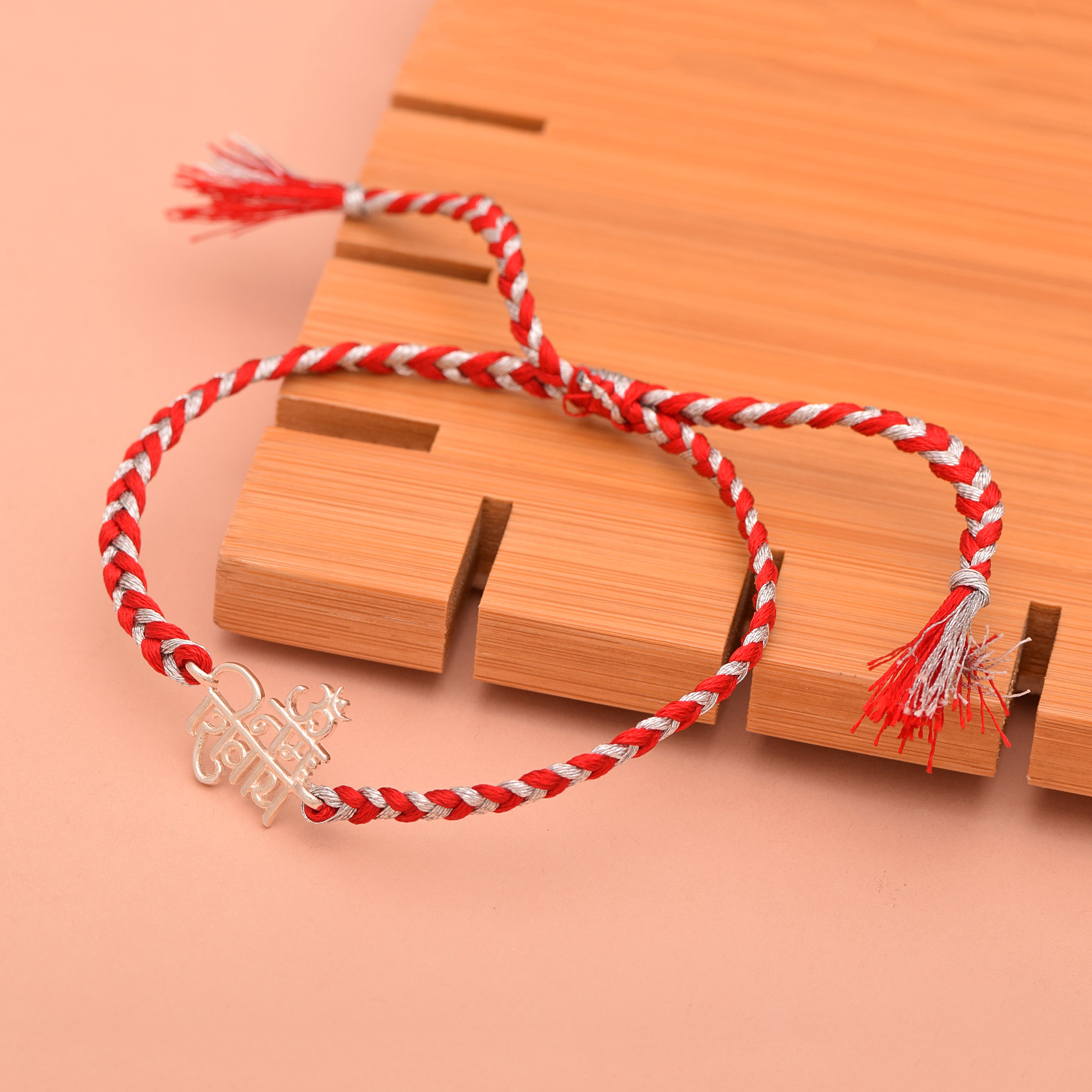 “Om Namah Shivaya” Red & White Thread Rakhi Bracelet - Sterling Silver