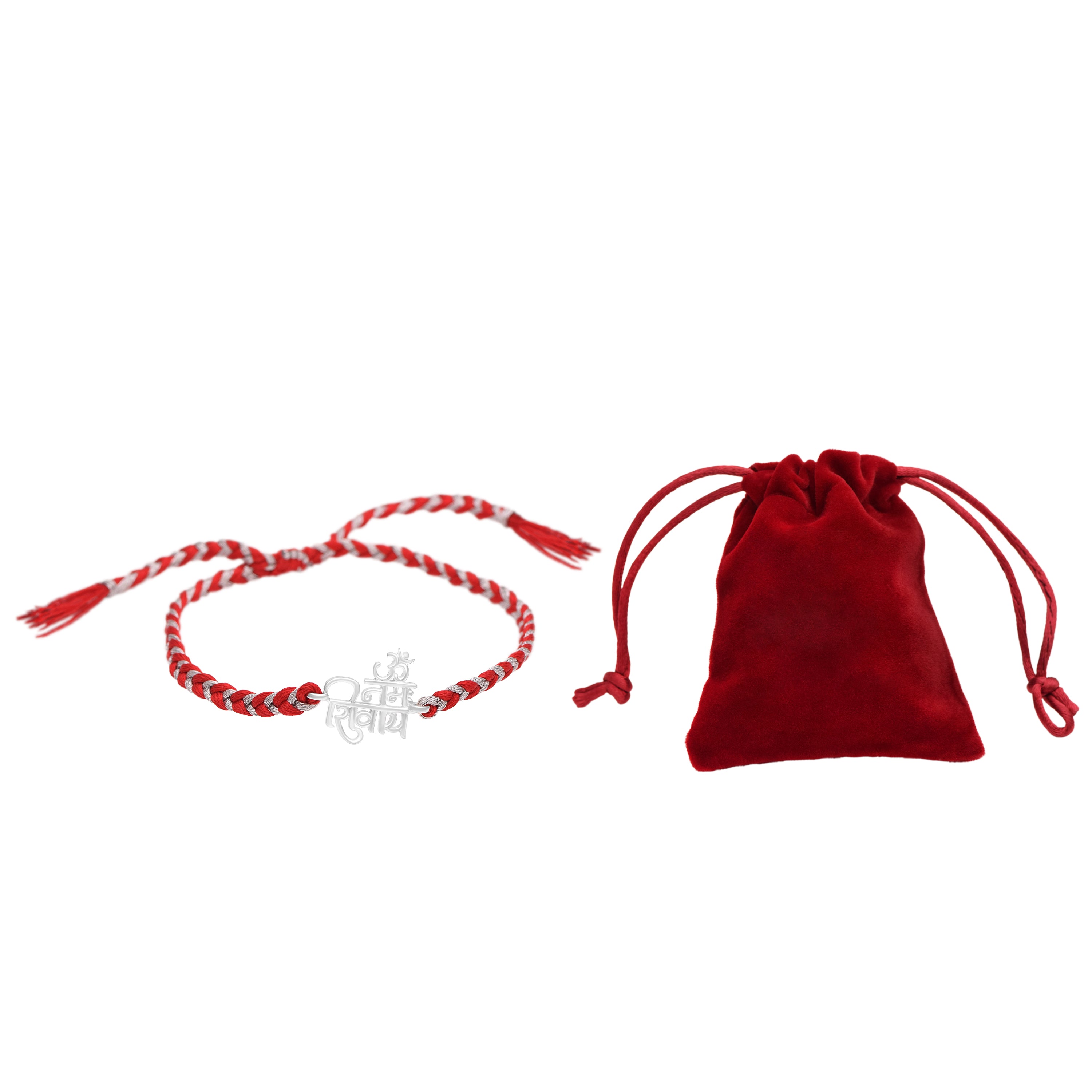 “Om Namah Shivaya” Red & White Thread Rakhi Bracelet - Sterling Silver