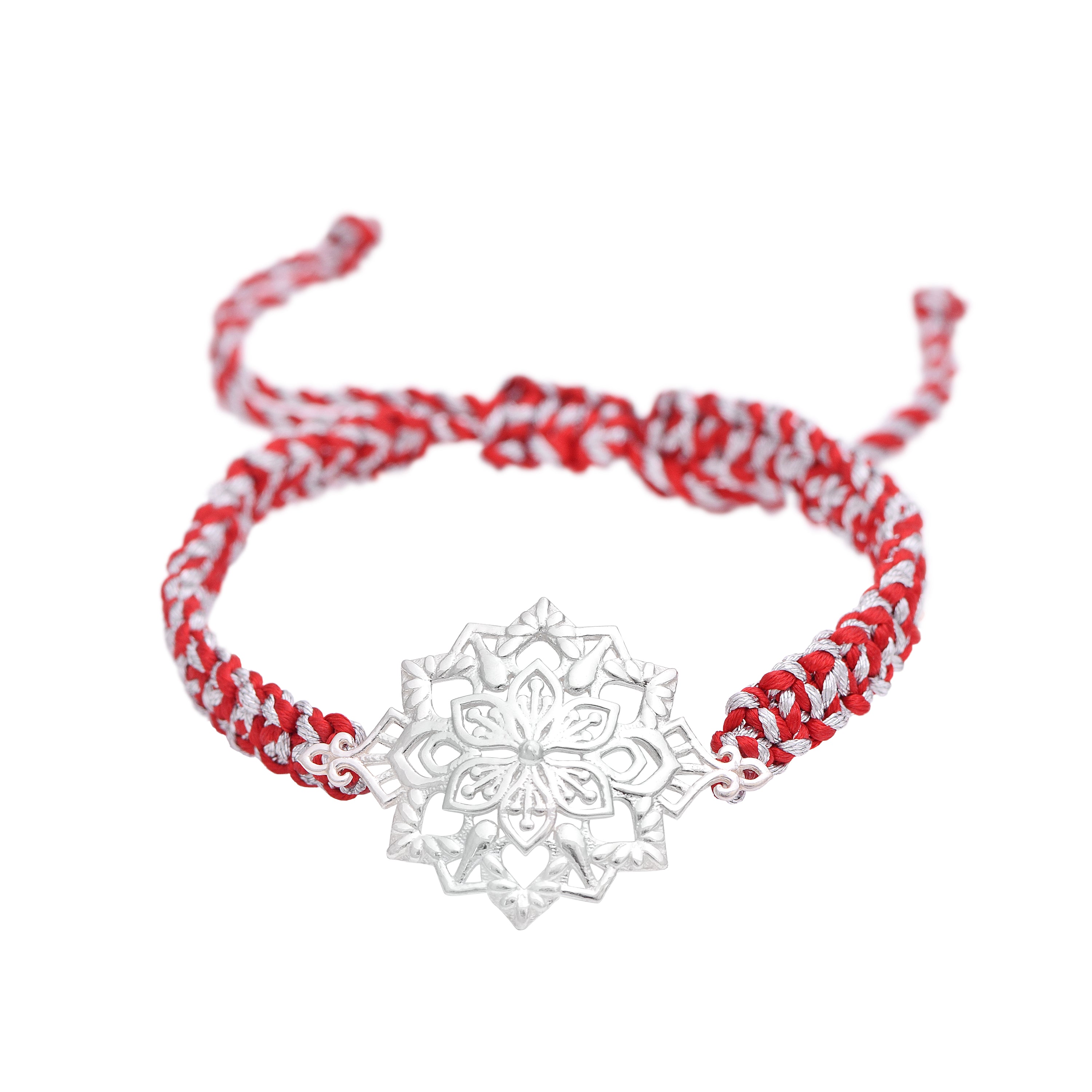 Red & White Macrame Thread Rakhi Bracelet - Sterling Silver