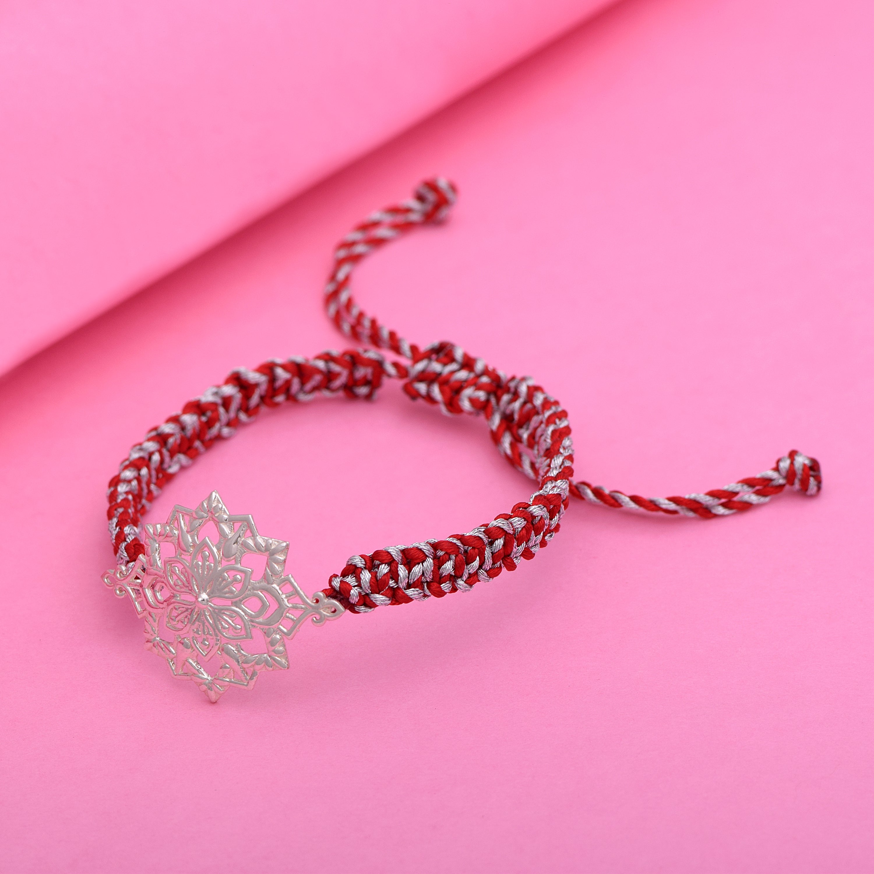 Red & White Macrame Thread Rakhi Bracelet - Sterling Silver