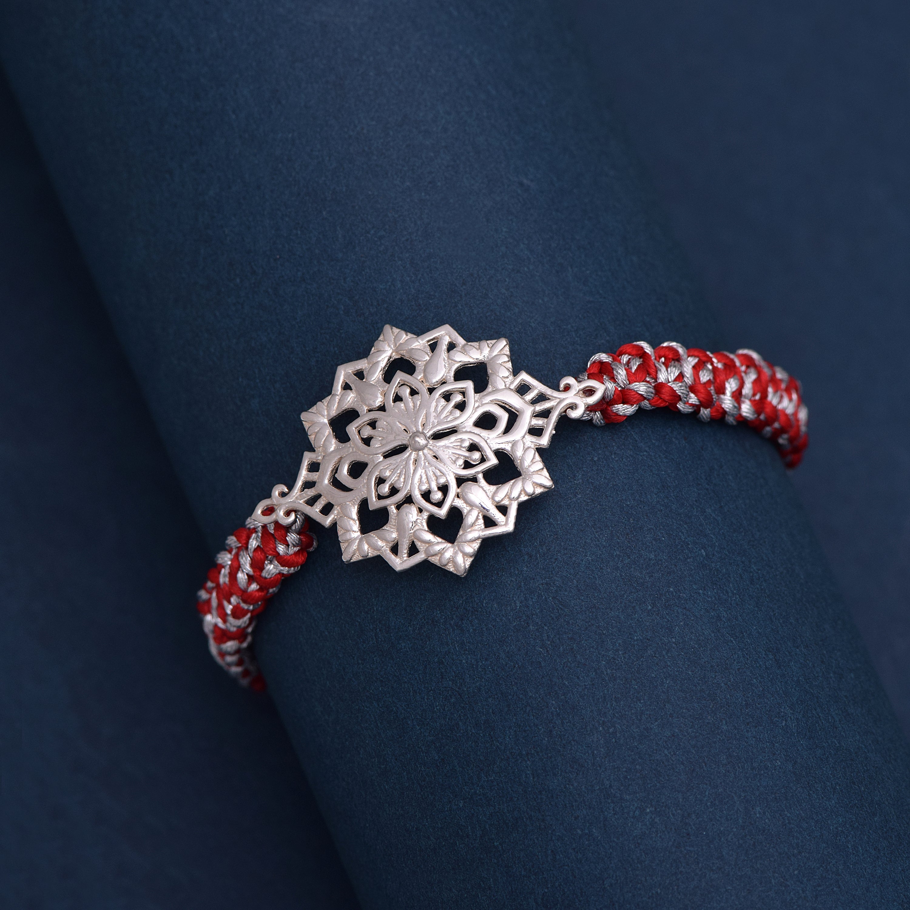 Red & White Macrame Thread Rakhi Bracelet - Sterling Silver