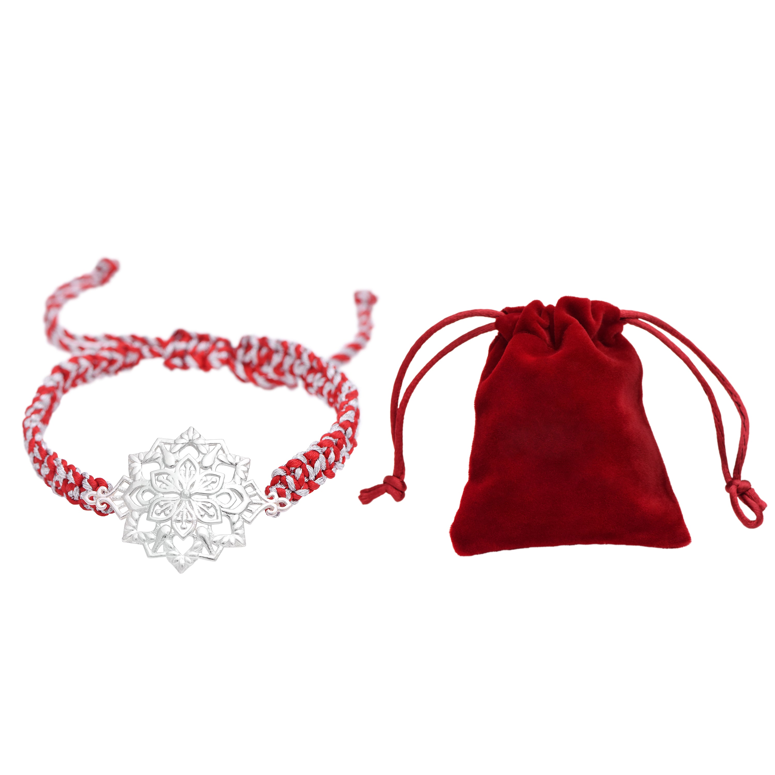 Red & White Macrame Thread Rakhi Bracelet - Sterling Silver