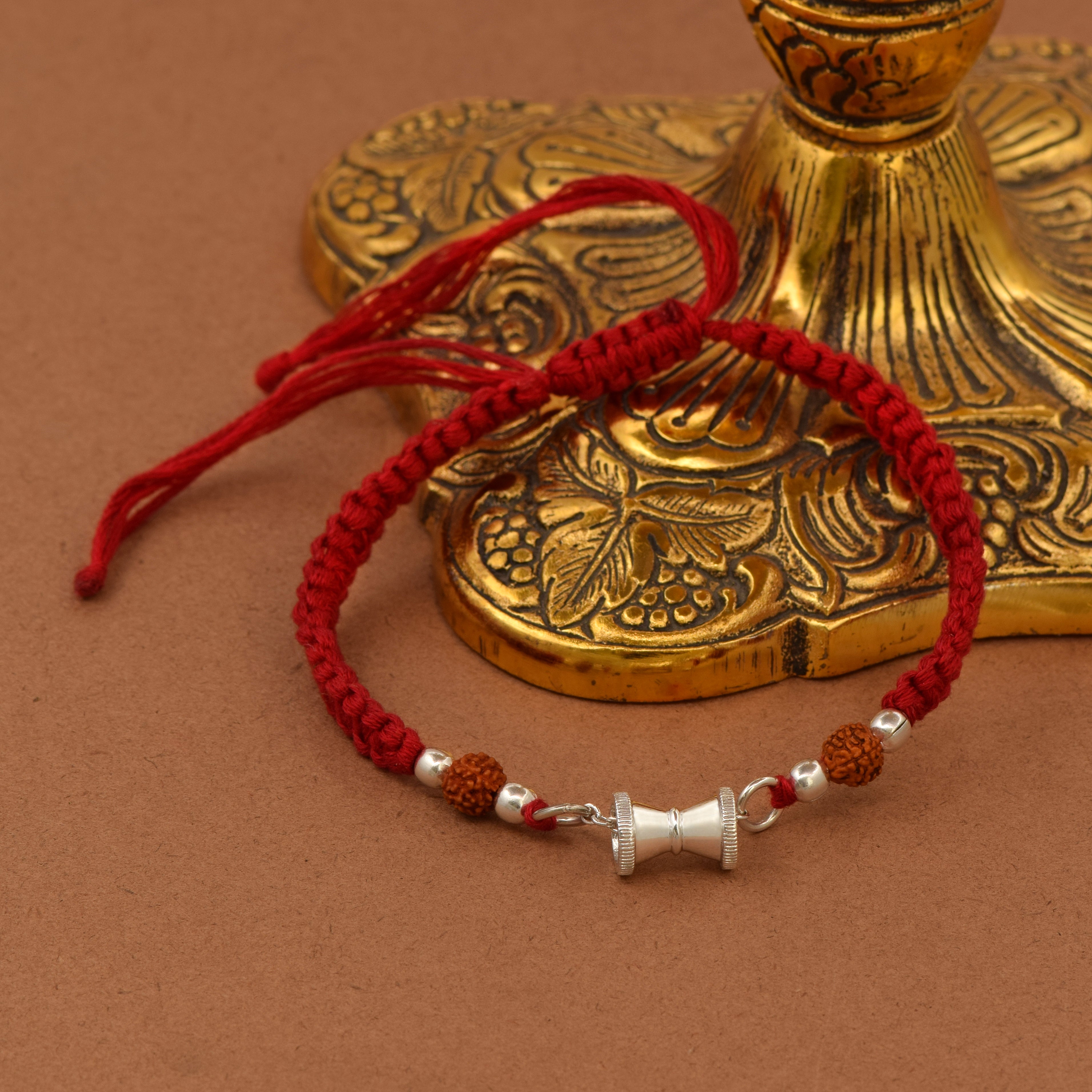 Damru & Rudraksha Beads Thread Rakhi Bracelet - Sterling Silver