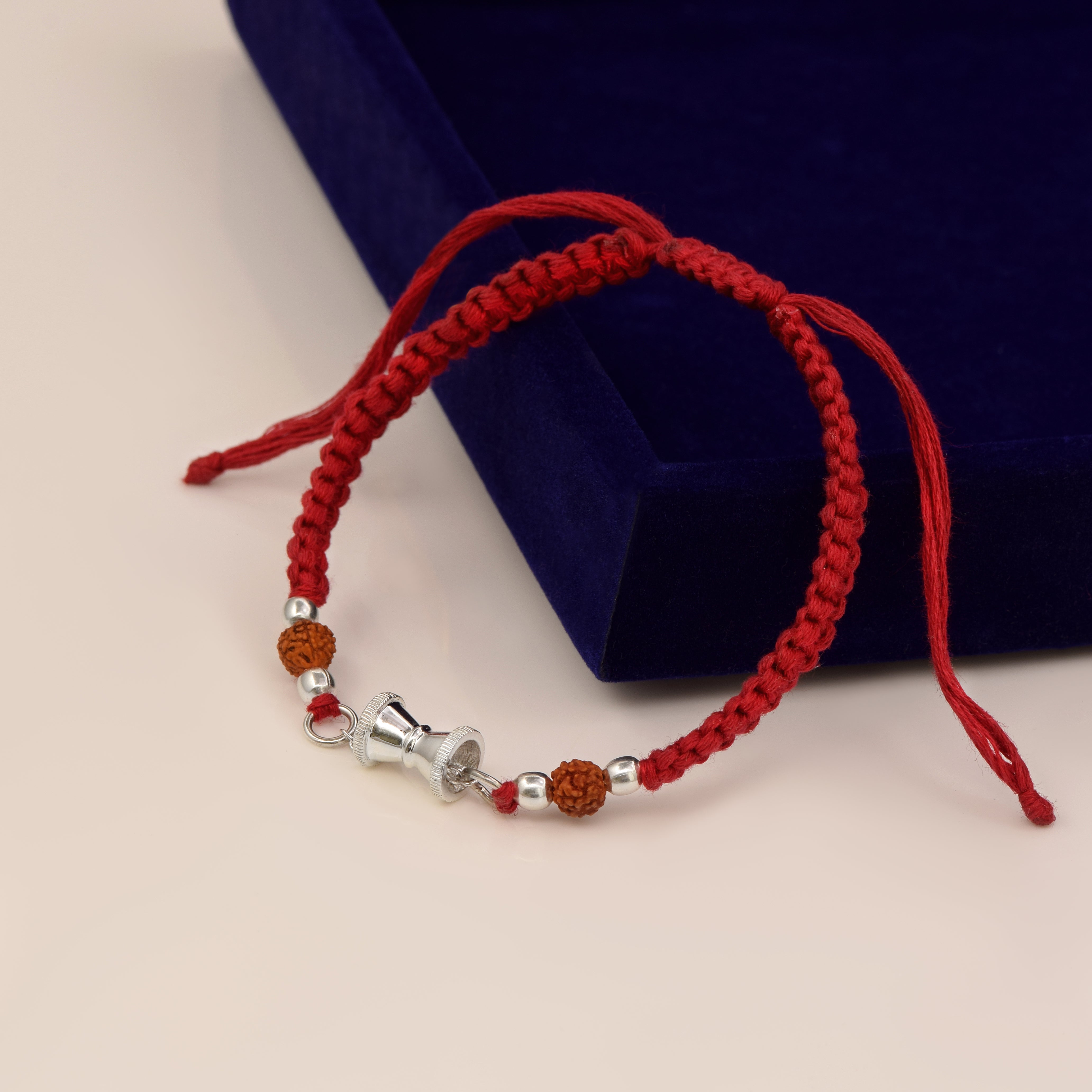 Damru & Rudraksha Beads Thread Rakhi Bracelet - Sterling Silver