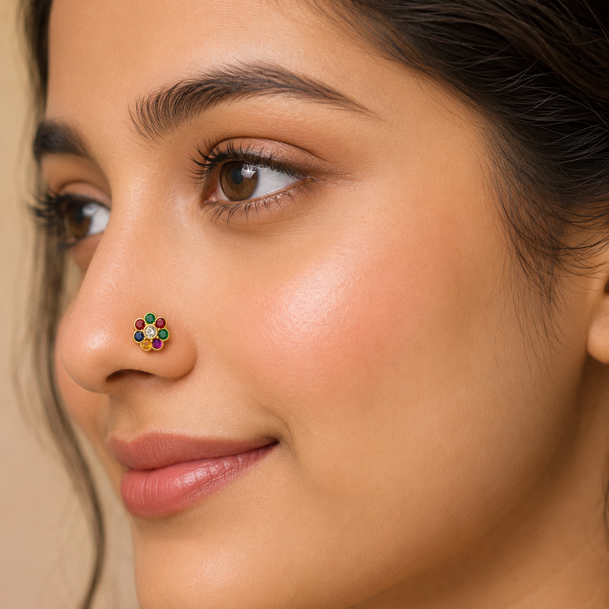 White CZ Center Navratna Floral  Nose Pin – Sterling Silver Gold-Plated