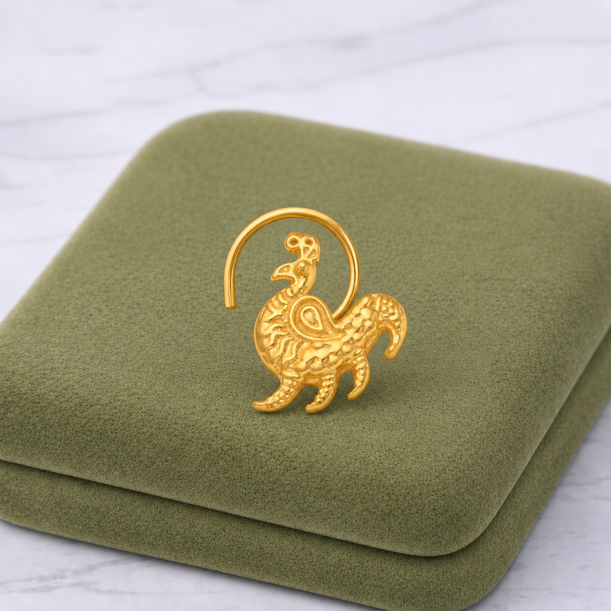 Gold Plated Peacock Nose Pin – Traditional Textured Ethnic Motif Design