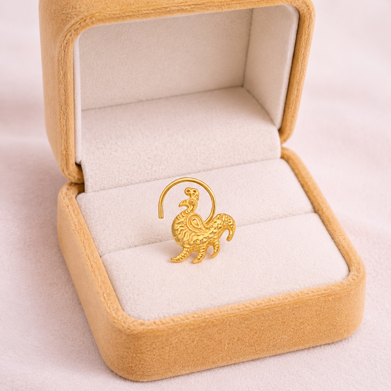 Gold Plated Peacock Nose Pin – Traditional Textured Ethnic Motif Design