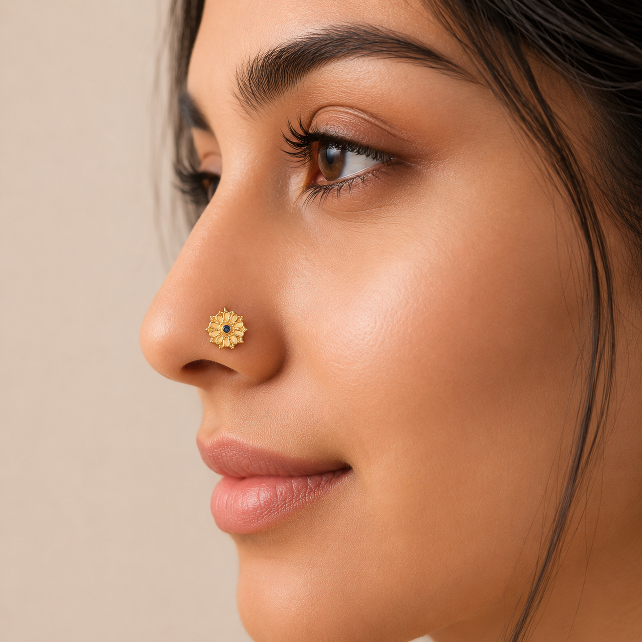 Gold Plated Floral Nose Pin with Blue CZ Center Stone – Traditional Mandala Design