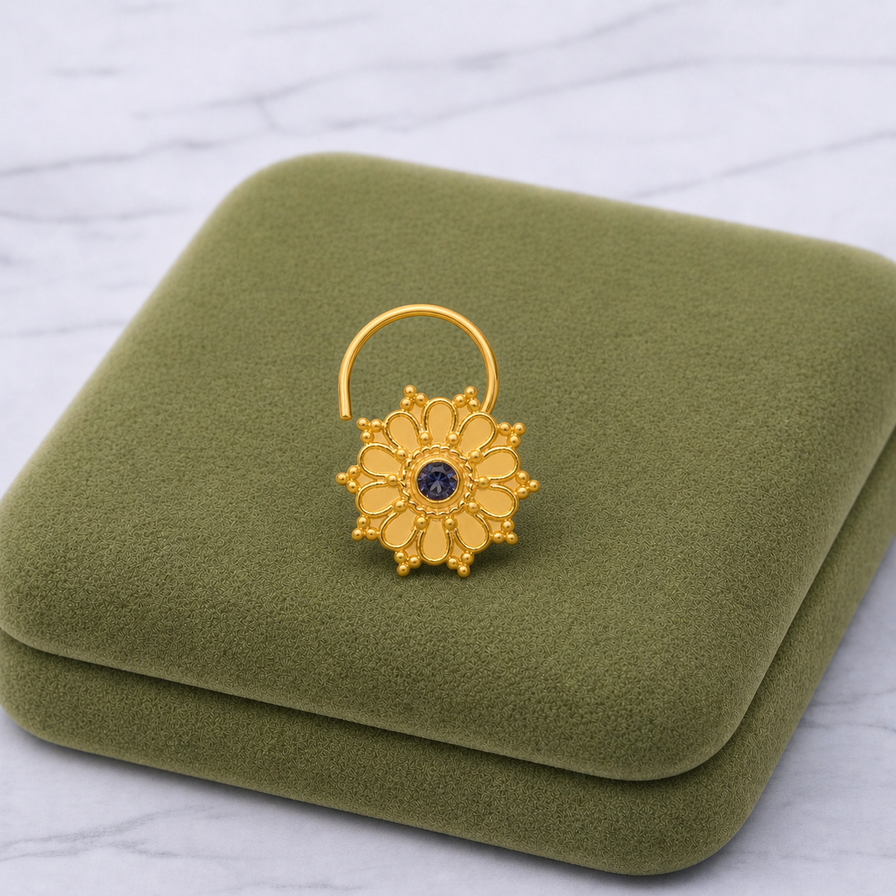 Gold Plated Floral Nose Pin with Blue CZ Center Stone – Traditional Mandala Design