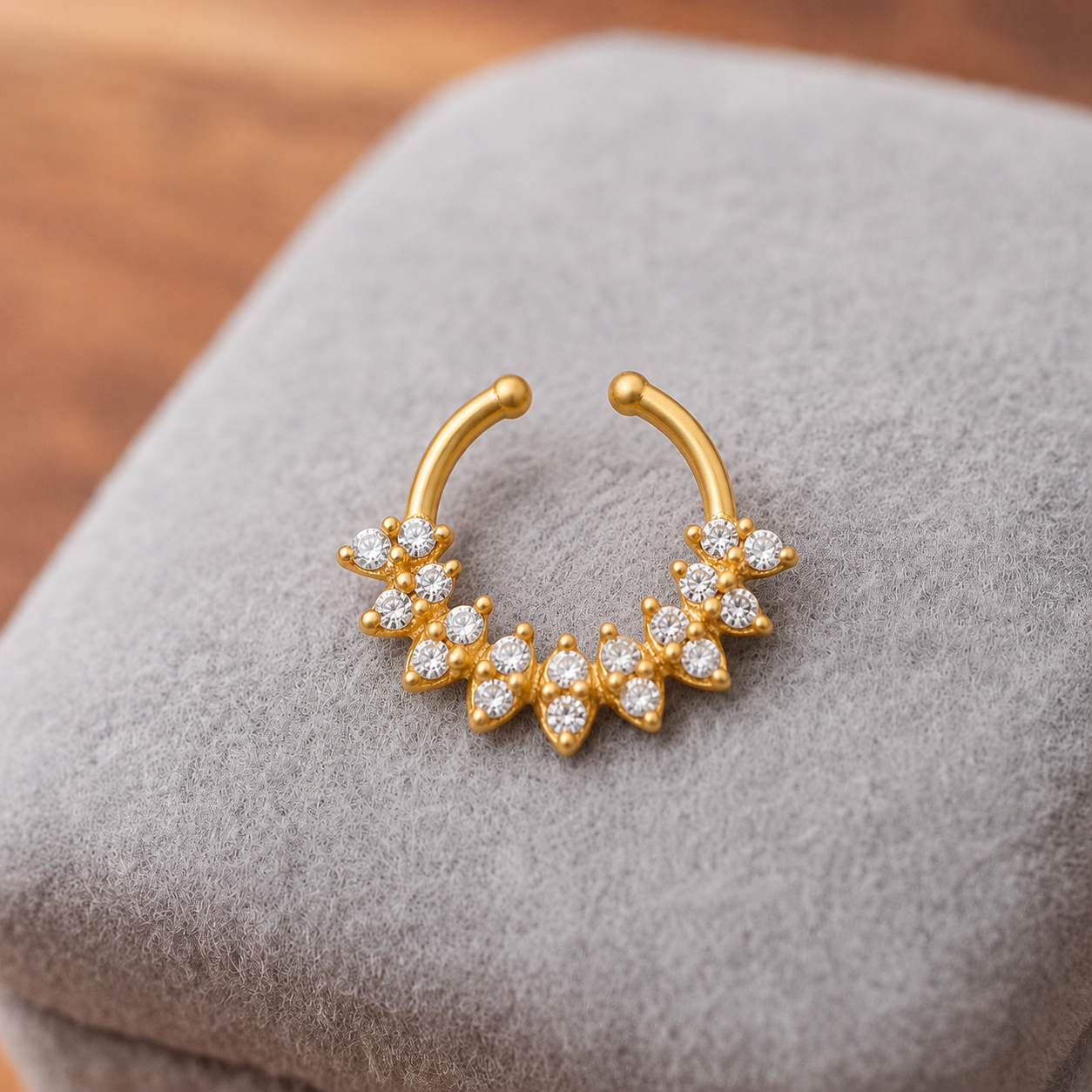 Gold Plated CZ Floral Septum Ring – Sparkling Open Nose Ring Design
