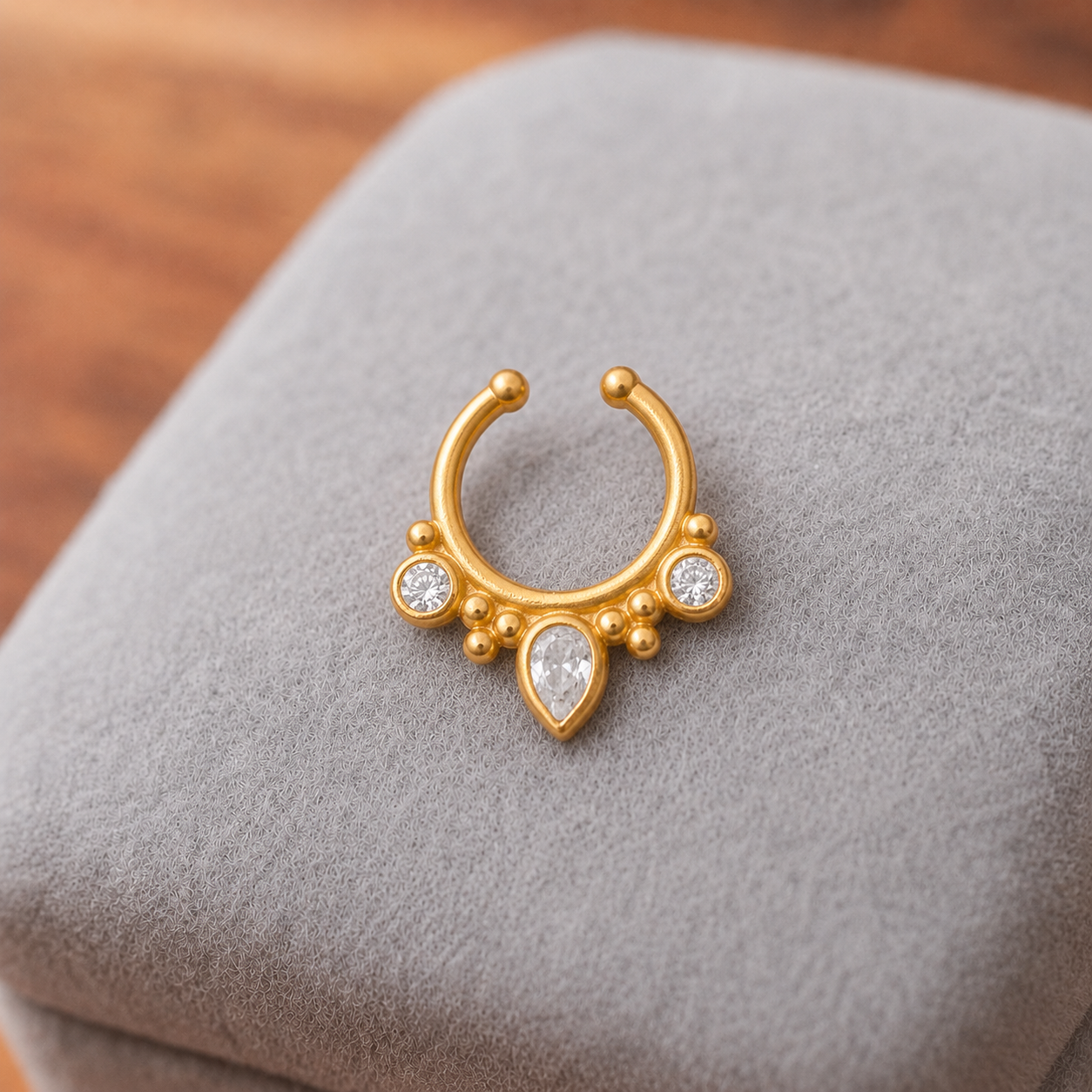 Gold Plated CZ Septum Ring – Boho Drop Open Nose Ring Design