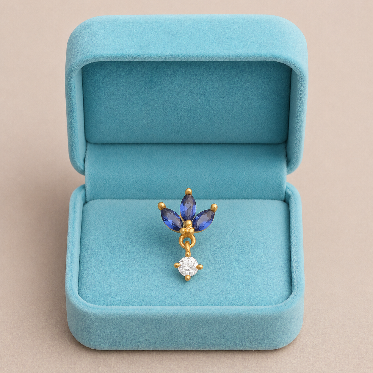 Gold Plated Blue CZ Floral Nose Pin with Dangle White Stone – Elegant Ethnic Design