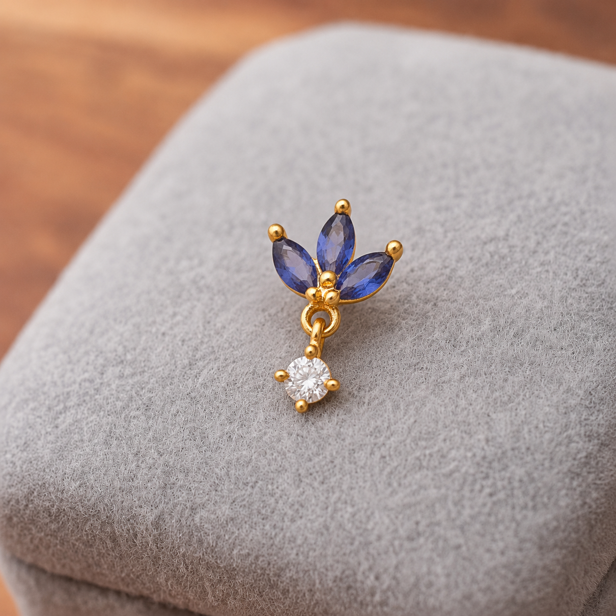 Gold Plated Blue CZ Floral Nose Pin with Dangle White Stone – Elegant Ethnic Design