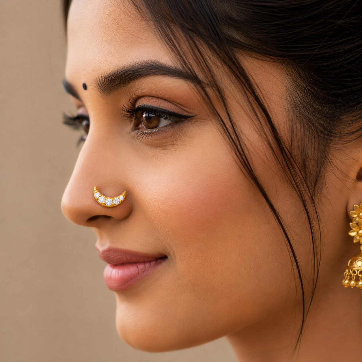 Gold Plated White CZ Crescent Nose Pin – Minimal Celestial Ethnic Design