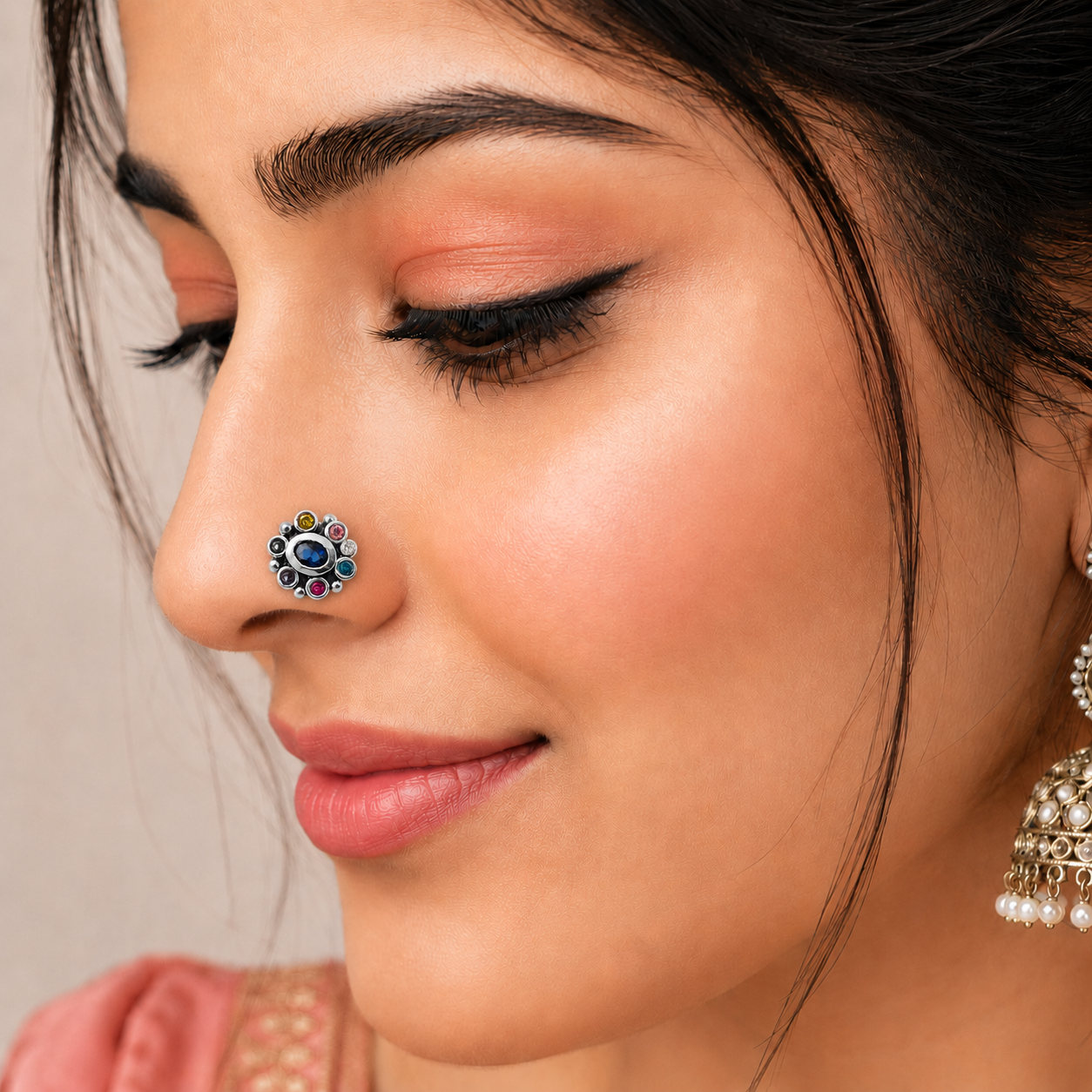Navratna Oval Blue Nose Pin - Sterling Silver