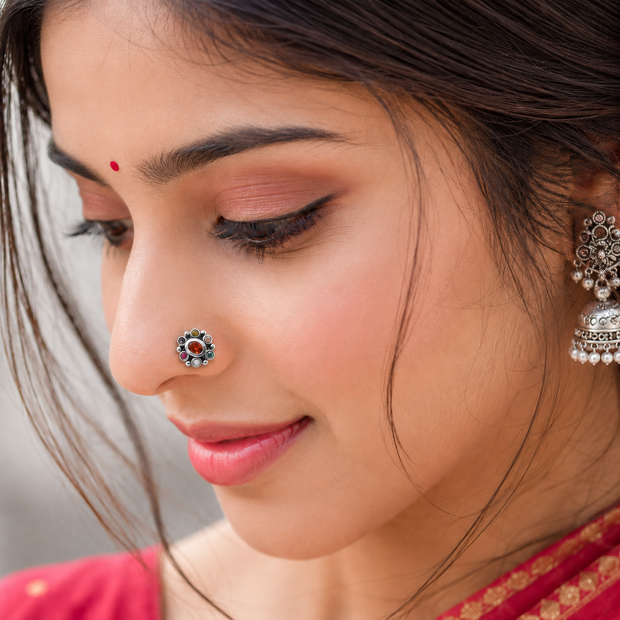 Navratna Oval Orange Nose Pin - Sterling Silver