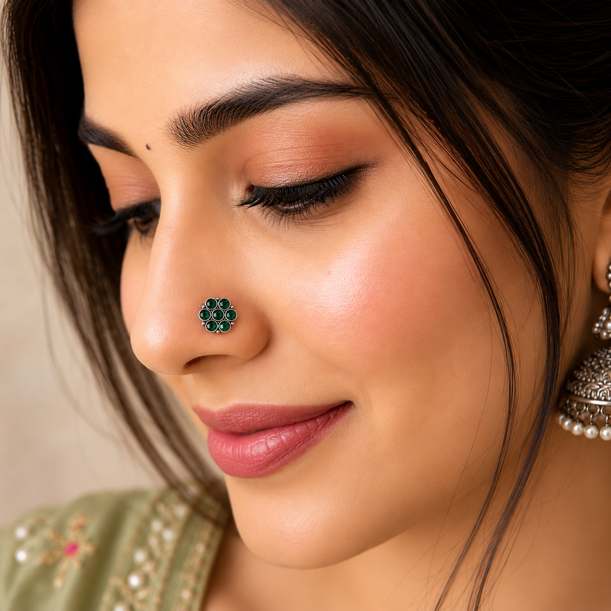 Traditional Navratna Green Stone Nose Pin - Sterling Silver