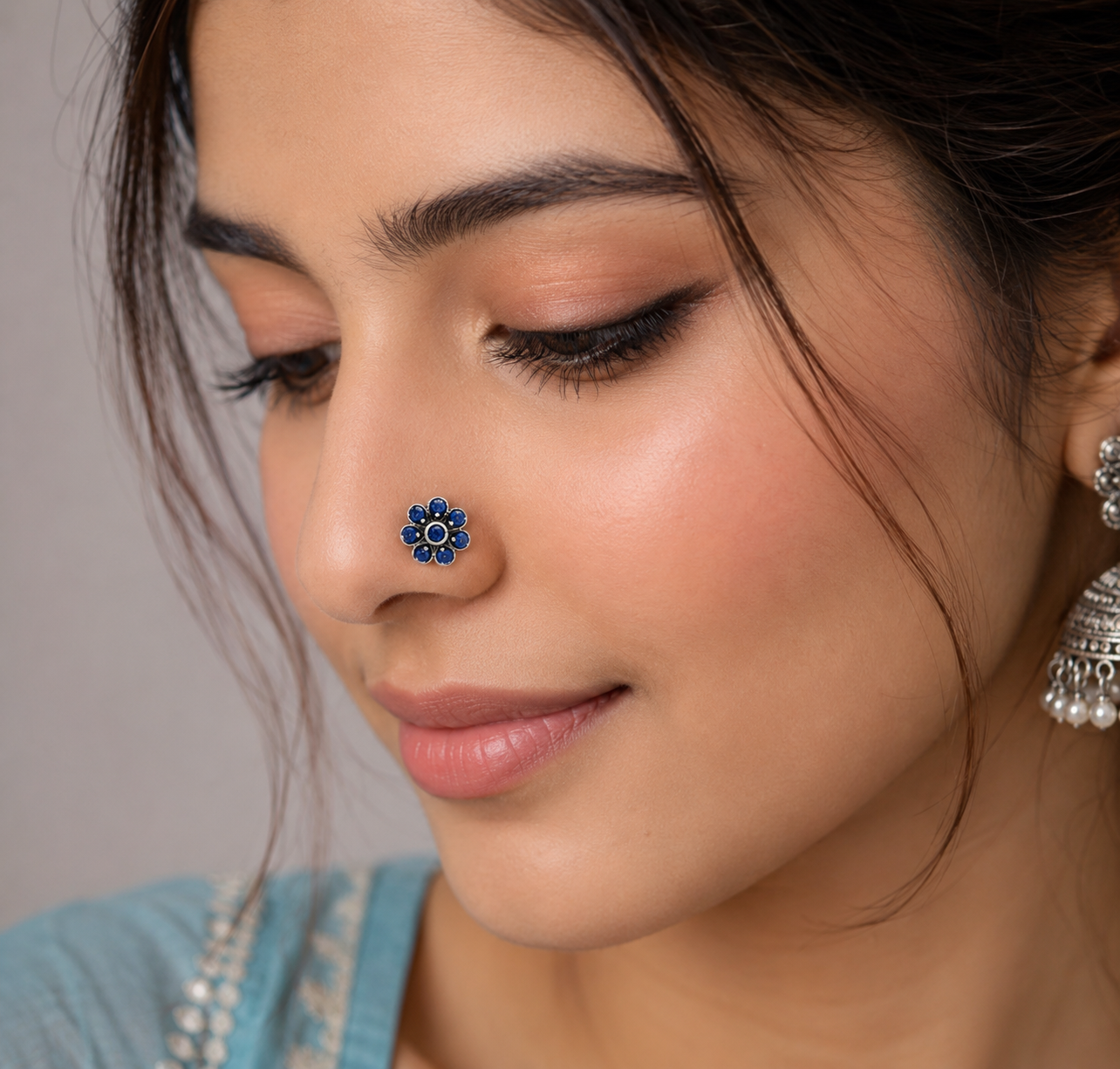 Traditional Navratna Blue Stone Nose Pin - Sterling Silver