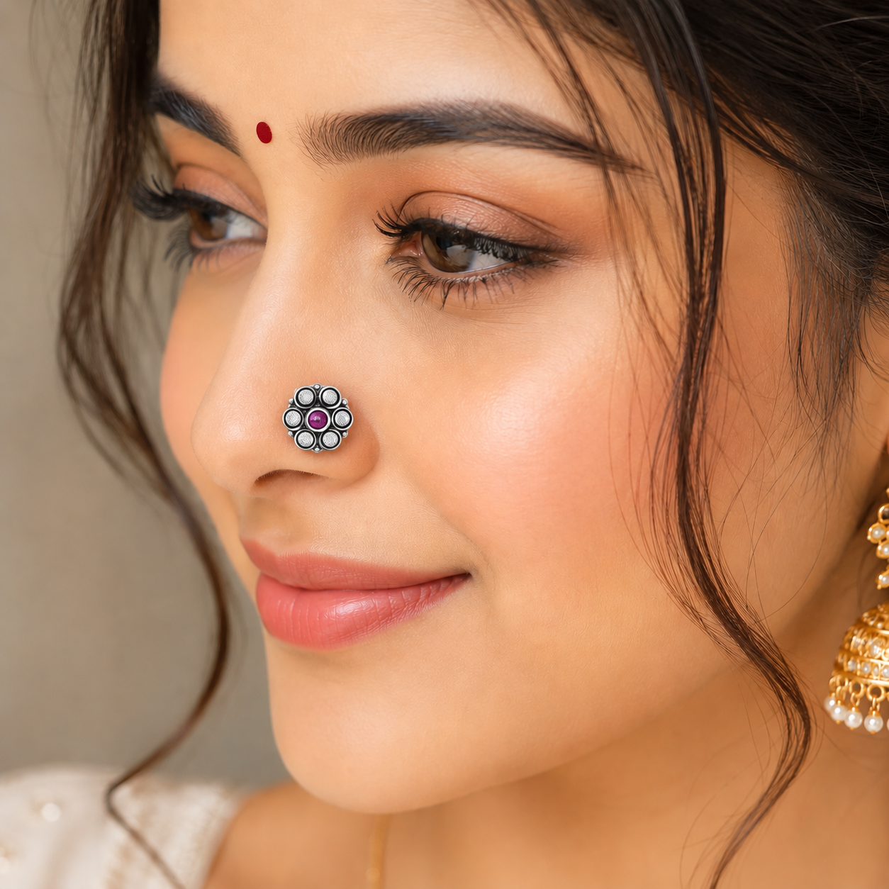 Traditional Navratna Pink & White Stone Nose Pin - Sterling Silver