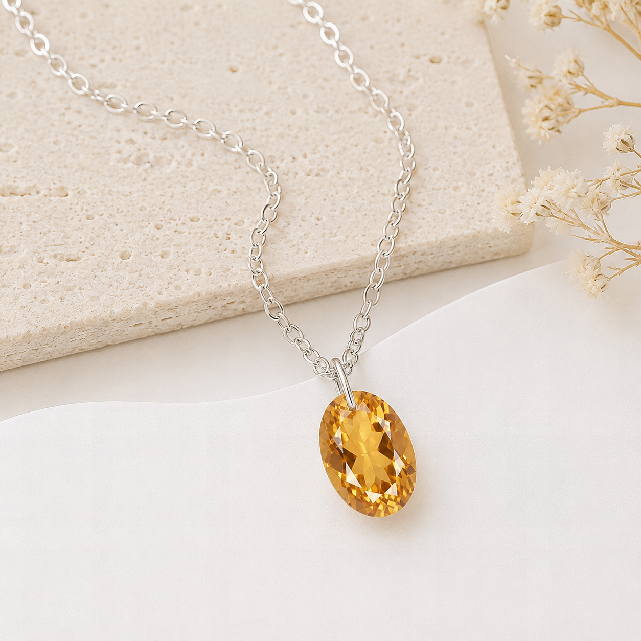 Oval Citrine Solitaire Necklace - 925 sterling Silver
