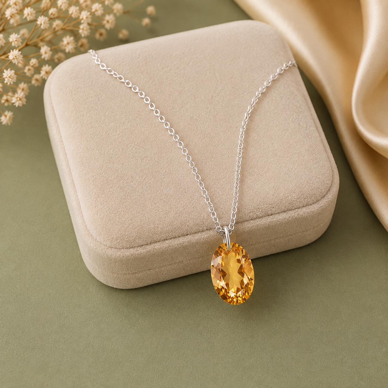Oval Citrine Solitaire Necklace - 925 sterling Silver