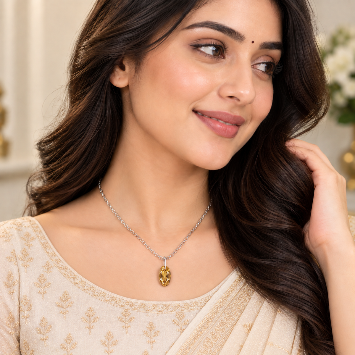 Oval Citrine Solitaire Necklace - 925 sterling Silver
