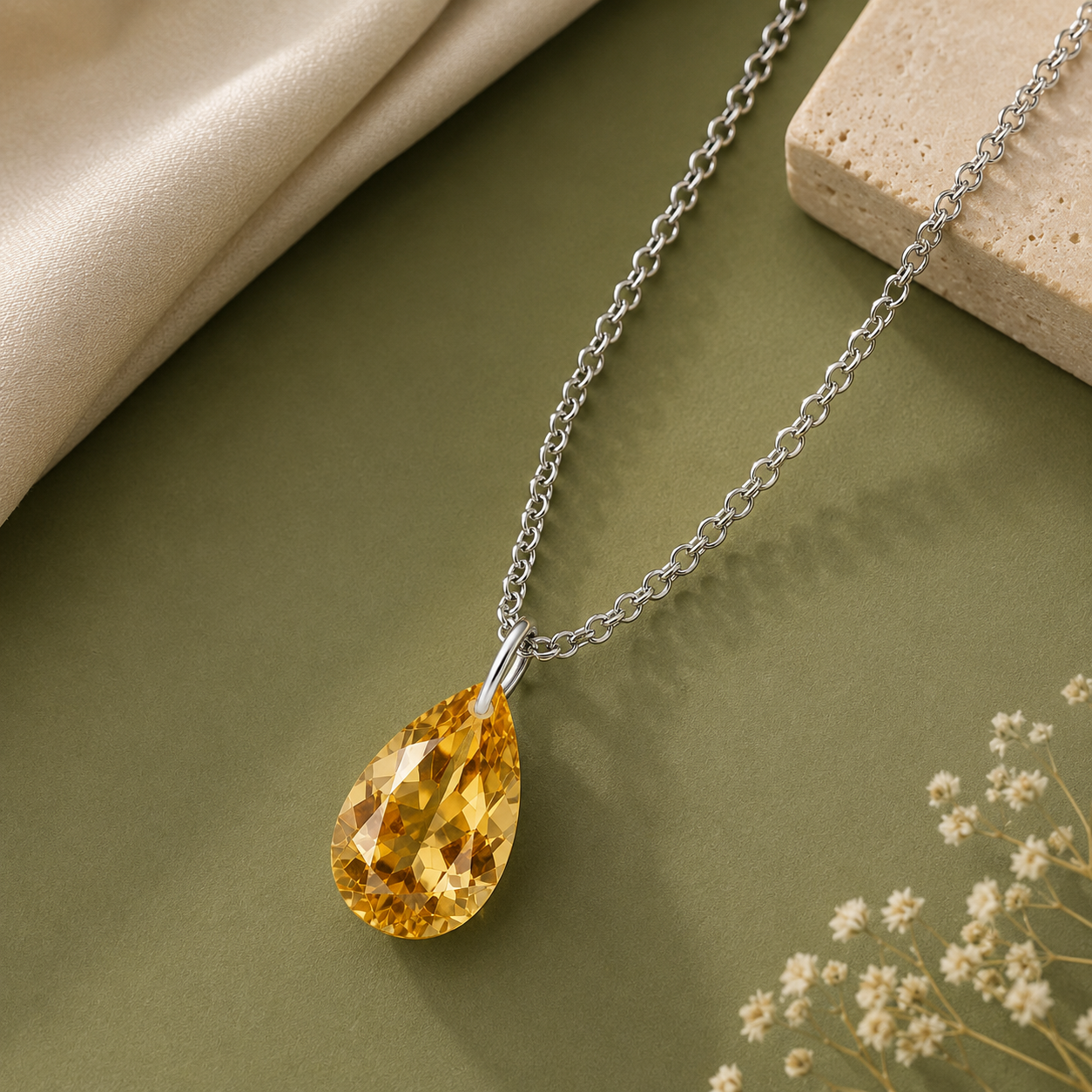Pear Citrine Solitaire Necklace - 925 sterling Silver