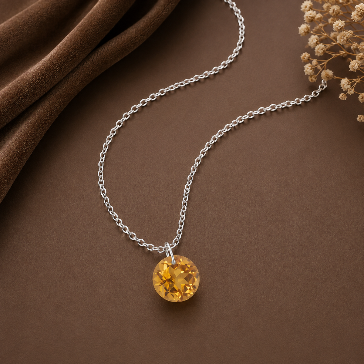 Round Citrine Solitaire Necklace - 925 sterling Silver