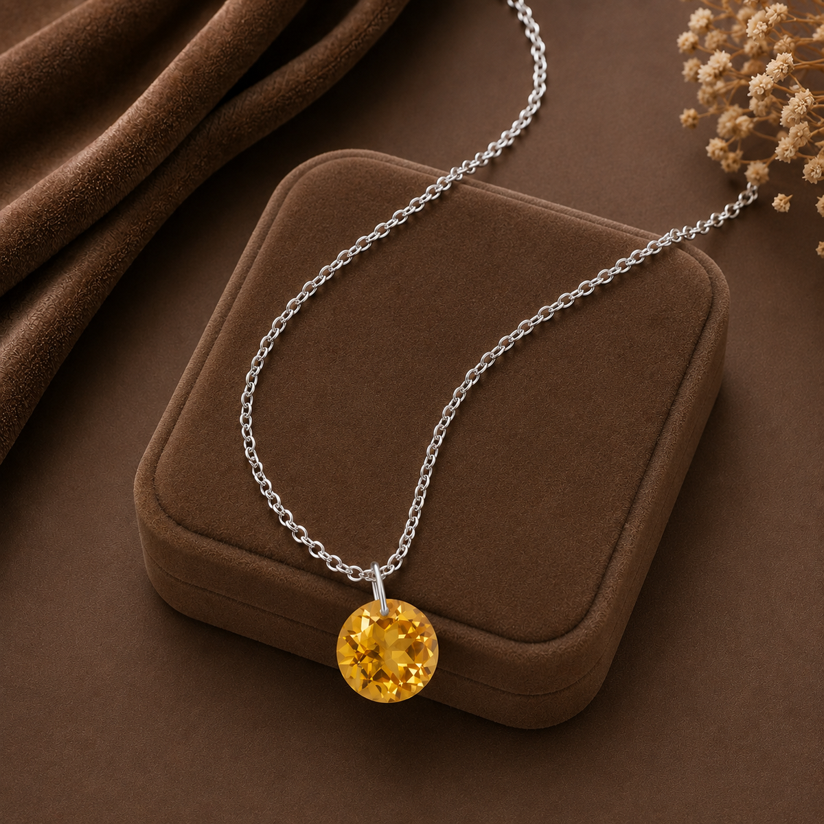 Round Citrine Solitaire Necklace - 925 sterling Silver