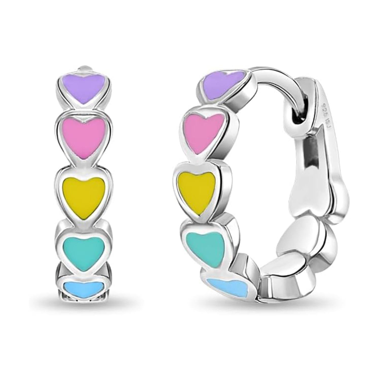 Enamel Rainbow Heart Huggie Earrings - Sterling Silver