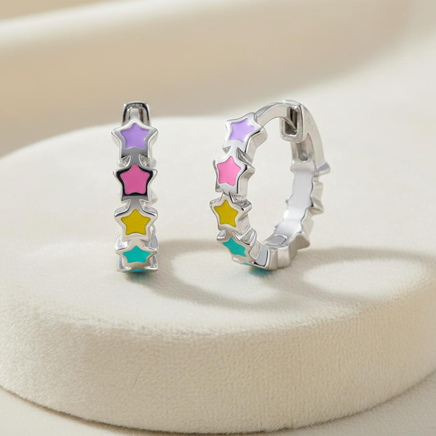 Cute Kids Star Enamel Huggie Earrings- Sterling Silver