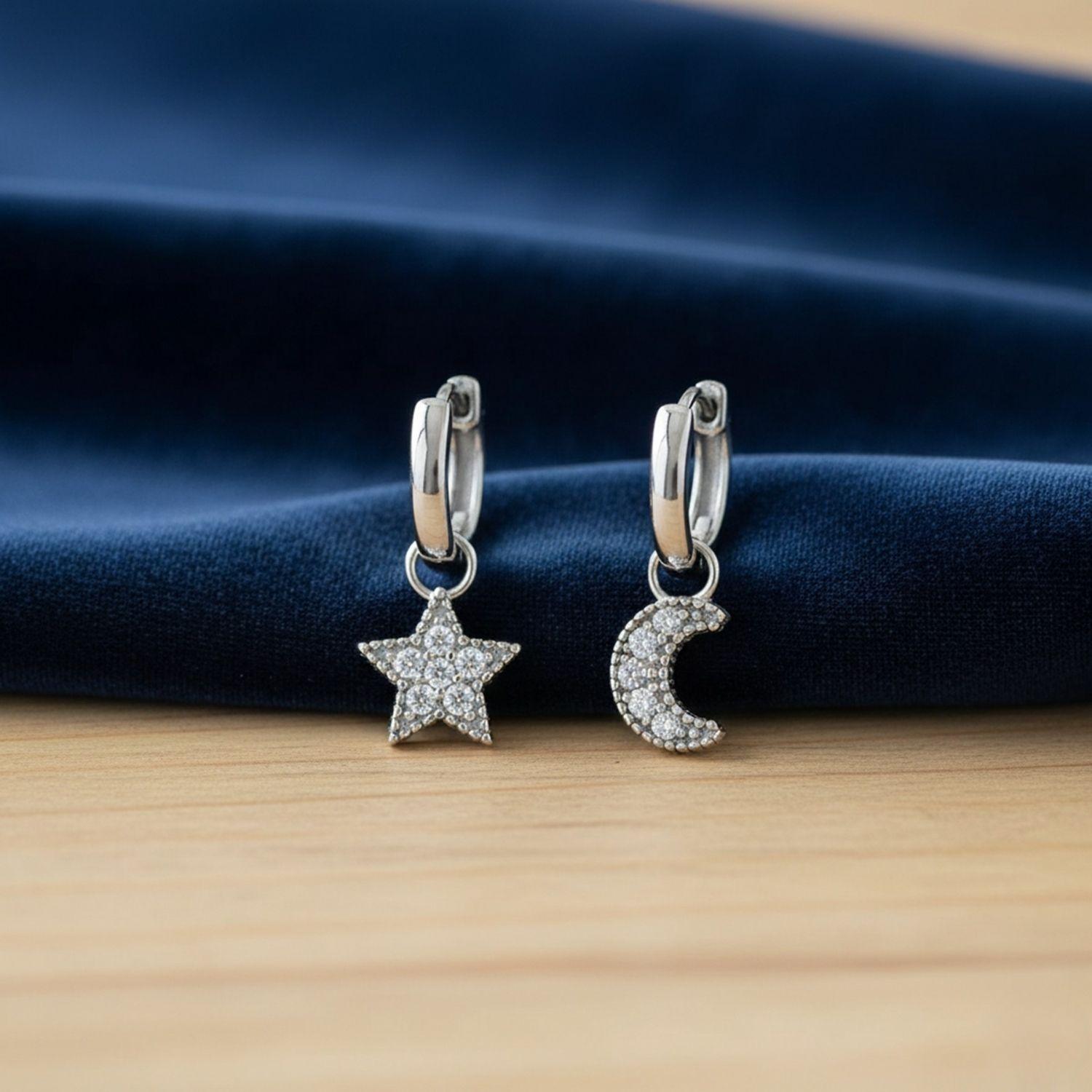 Star & Moon Huggie Dangle Kids Earrings- Sterling Silver