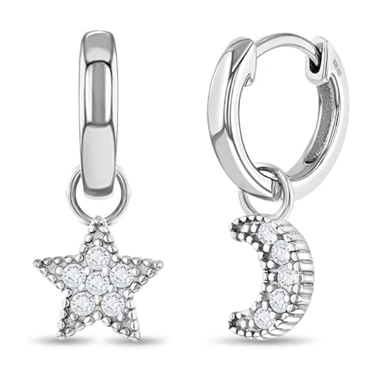 Star & Moon Huggie Dangle Kids Earrings- Sterling Silver