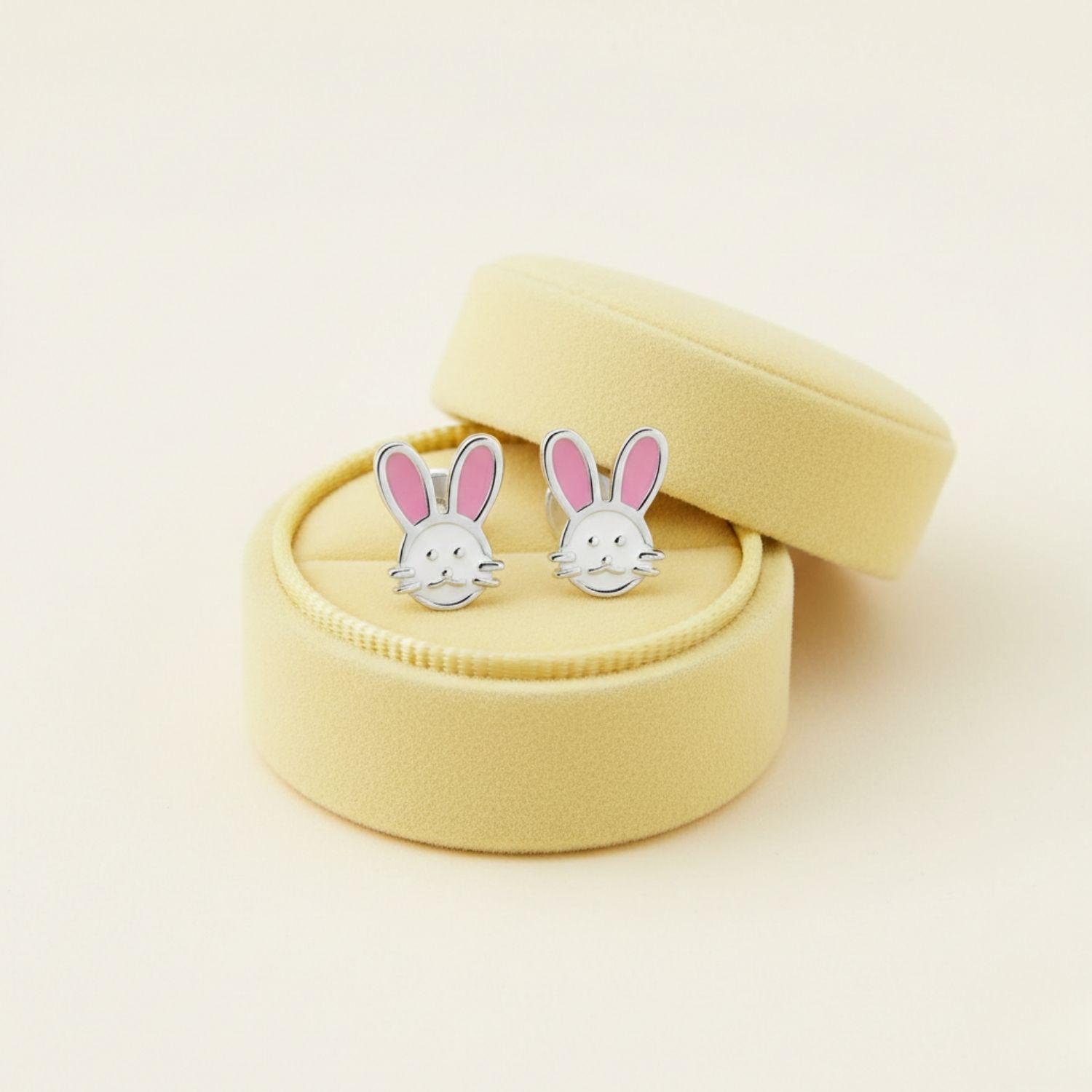 Pink Enamel Bunny Kids Earrings- Sterling Silver