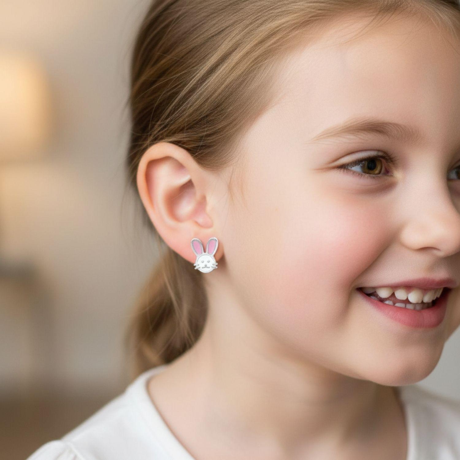 Pink Enamel Bunny Kids Earrings- Sterling Silver