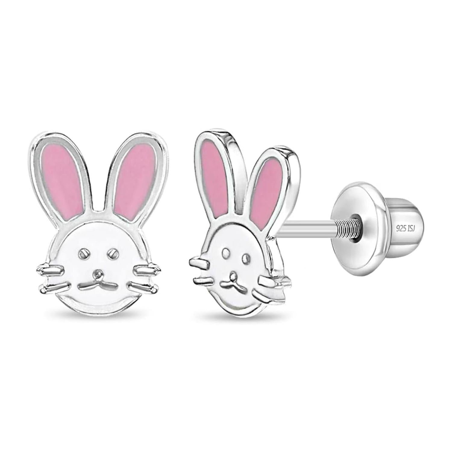 Pink Enamel Bunny Kids Earrings- Sterling Silver